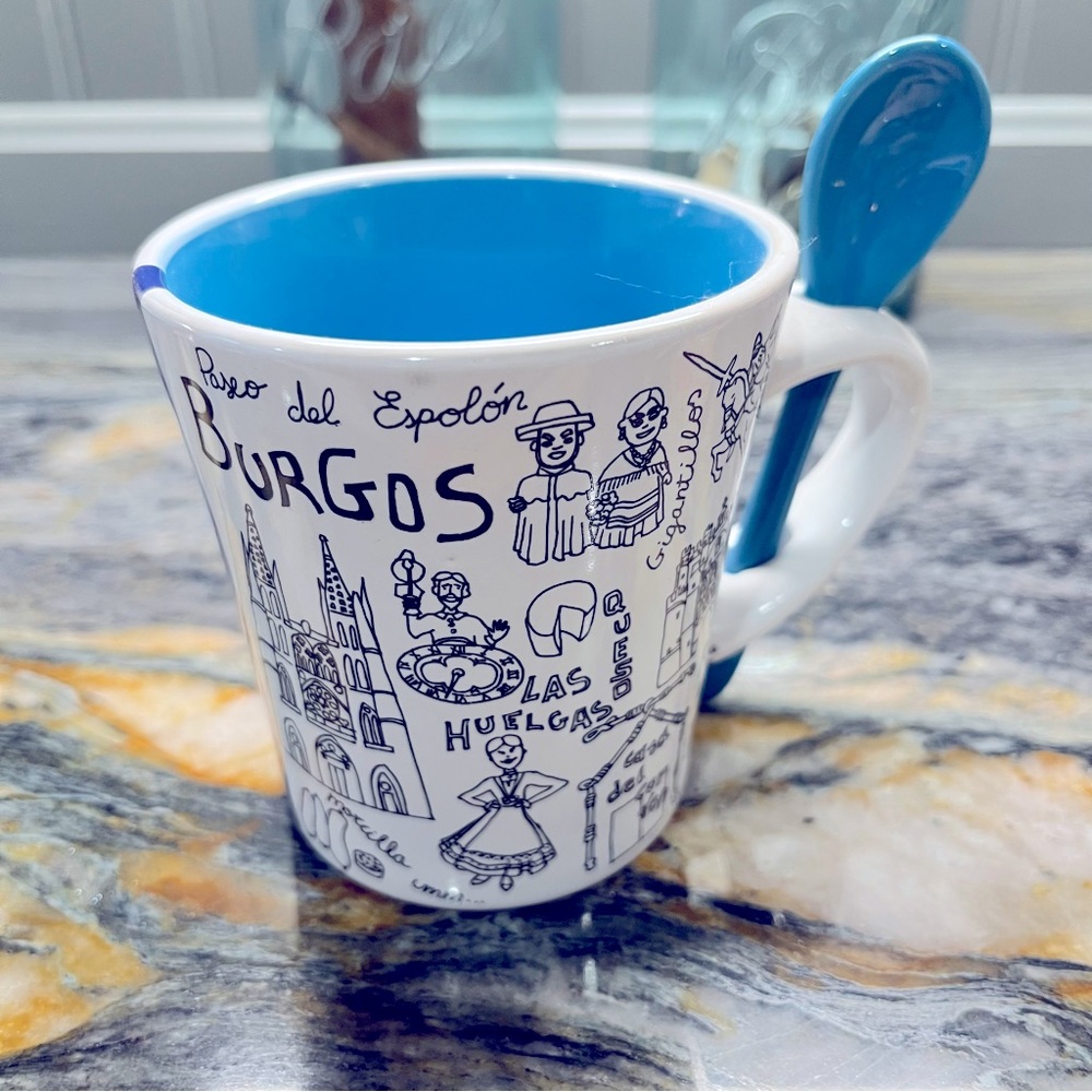 Burgos Spain Coffee Cup Mug with Spoon 12 oz. Like New Condition Displayed only